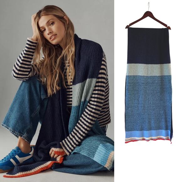 By Anthropologie Colorblock Stripe Scarf in Blue Motif NWT - Picture 1 of 7